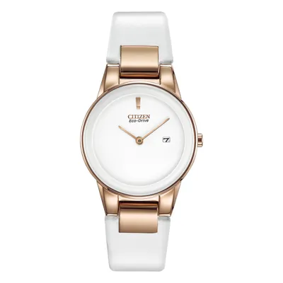 Ladies Citizen Eco Drive Axiom White Strap Rose Tone Watch