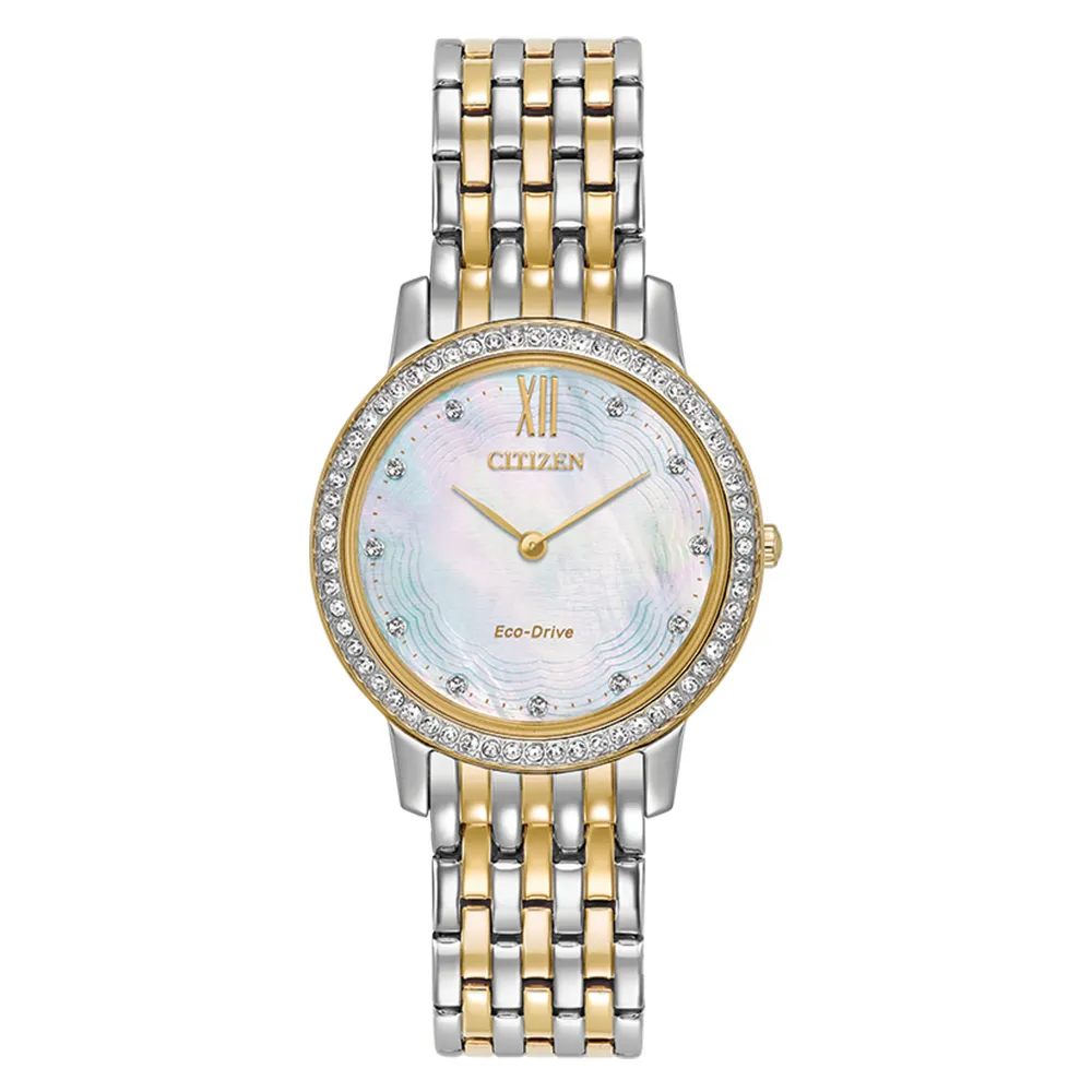 Ladies Citizen Eco Drive Silhouette Crystal White and Yellow Tone Watch