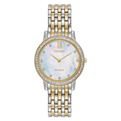 Ladies Citizen Eco Drive Silhouette Crystal White and Yellow Tone Watch