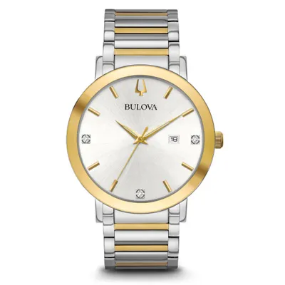 Mens Bulova Modern White and Yellow Tone Diamond Watch