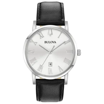 Men’s Bulova Classic Black Leather Strap Silver Tone Watch