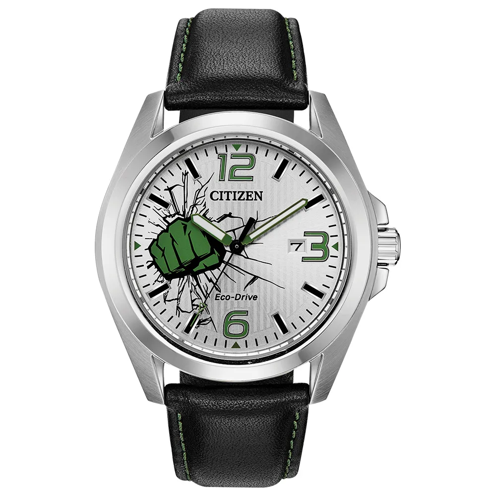 Men’s Marvel Citizen Eco-Drive Silver Tone Black Strap The Hulk Watch