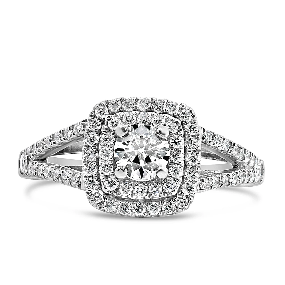 Northern Facet Ideal Cut Halo Engagement Ring with .84 Carat TW of Diamonds 18kt White Gold