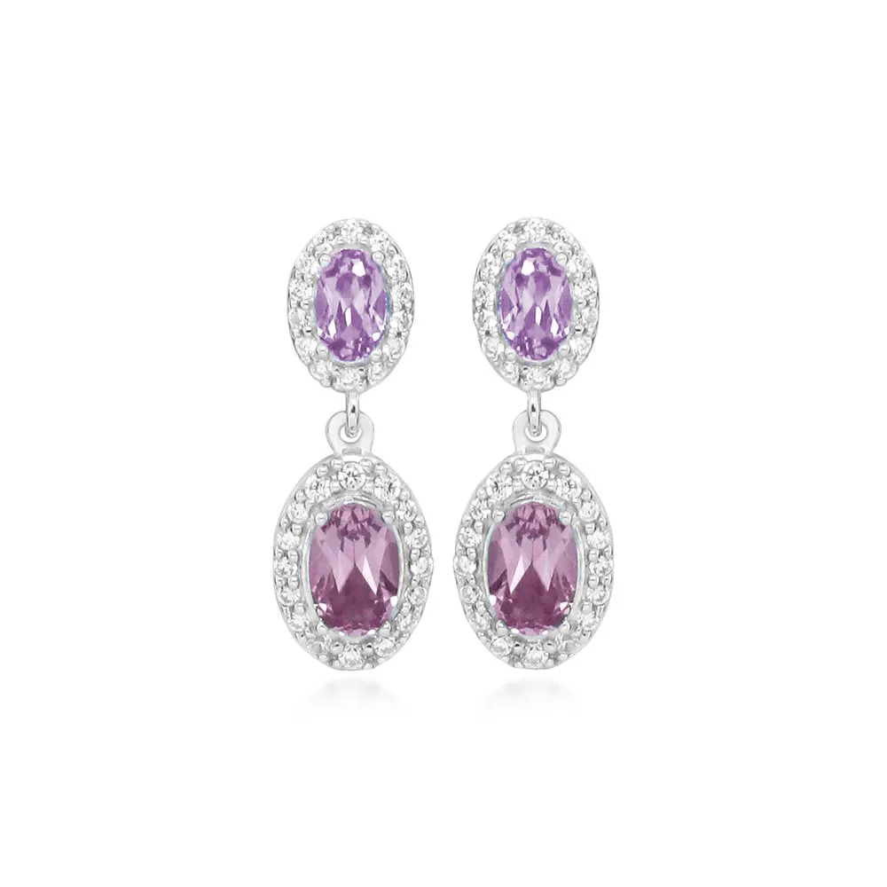 Earrings with Cubic Zirconia, Purple and Pink Amethyst in Sterling Silver