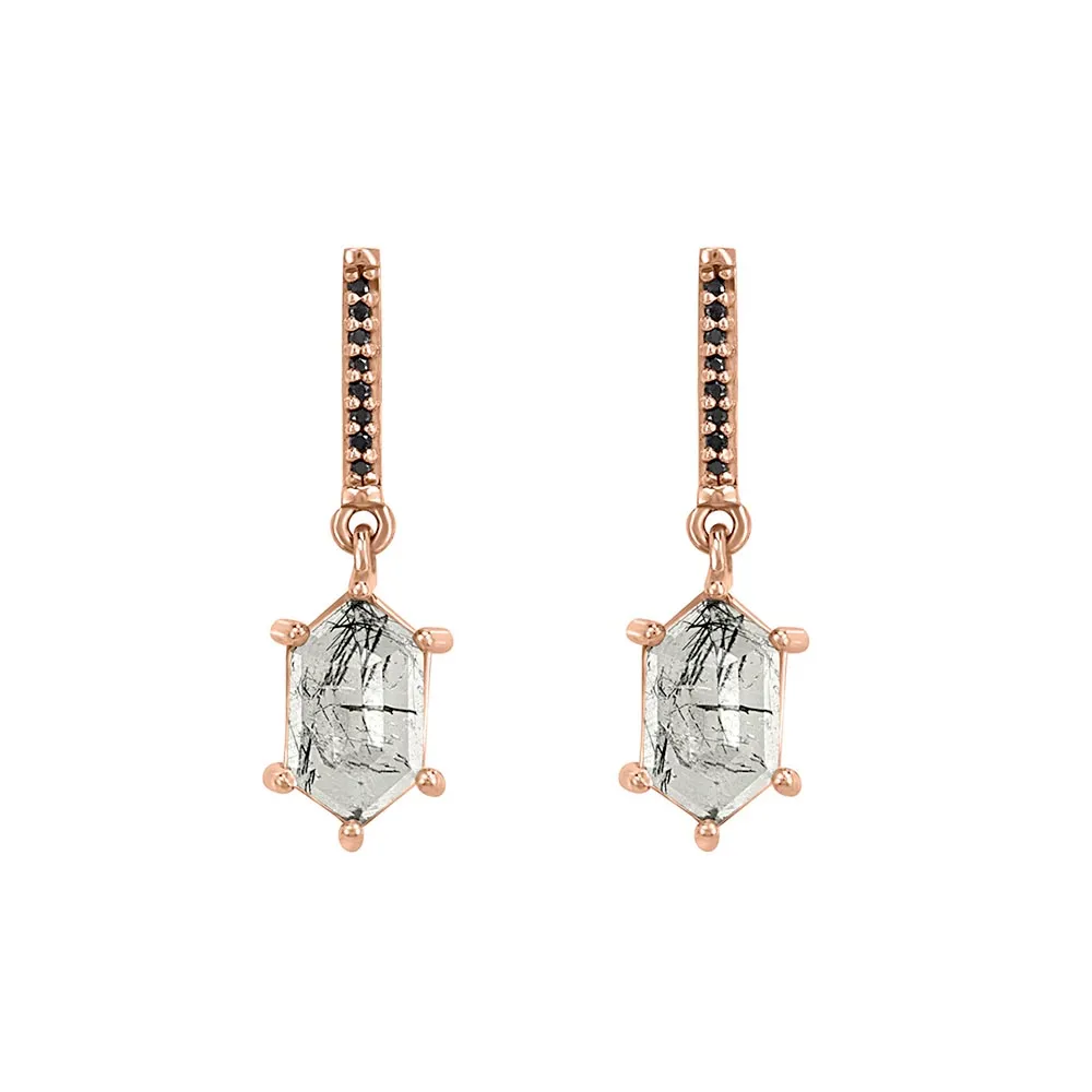 Earrings with .05 Carat TW of Black Diamonds and Rutilated Quartz in 10kt Rose Gold