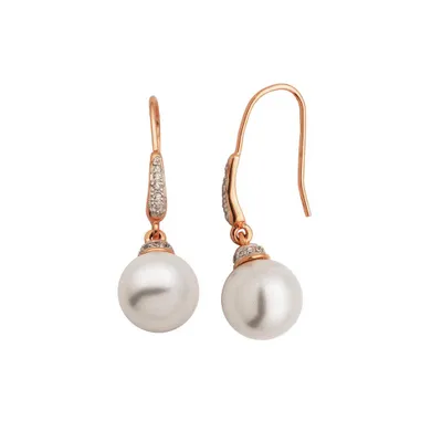 Earrings with Cubic Zirconia and 9MM Pearl in Rose Plated Sterling Silver