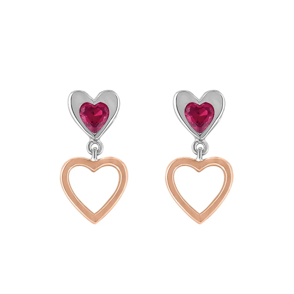 Heart Earrings with Created Ruby in Rose Tone and Sterling Silver