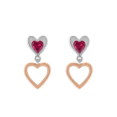 Heart Earrings with Created Ruby in Rose Tone and Sterling Silver