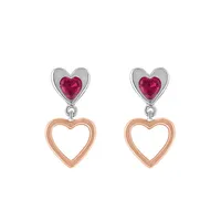 Heart Earrings with Created Ruby in Rose Tone and Sterling Silver