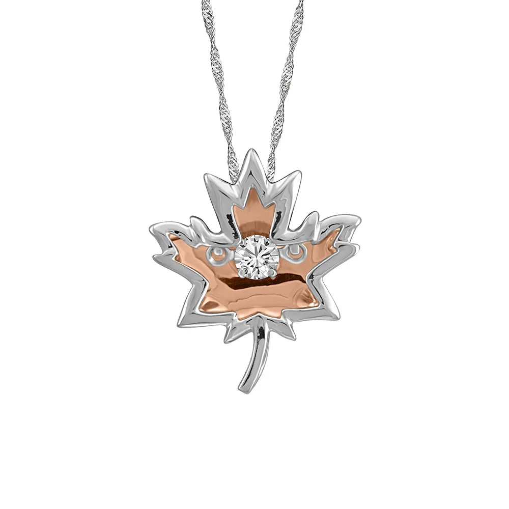 Fire of the North Luminance Canadian Diamond Maple Leaf Pendant with .10 Carat 10kt White and Rose Gold Chain