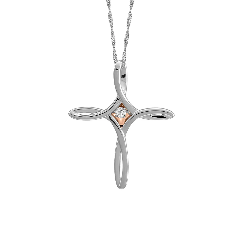 Fire of the North Luminance Canadian Diamond Cross Pendant with .06 Carat Diamond in 10kt White and Rose Gold with Chain