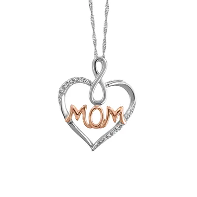 10KT White and Rose Gold Diamond Heart Mom Pendant with Chain