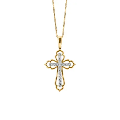 Cross Pendant with .16 Carat TW of Diamonds in 10kt White and Yellow Gold with Chain