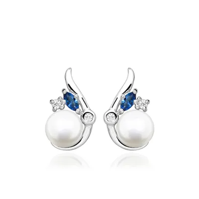 Earrings with White Pearl, Created Blue Sapphire and Cubic Zirconia in Sterling Silver