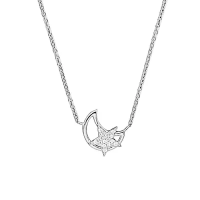 Moon and Star Necklace with Cubic Zirconia in Sterling Silver