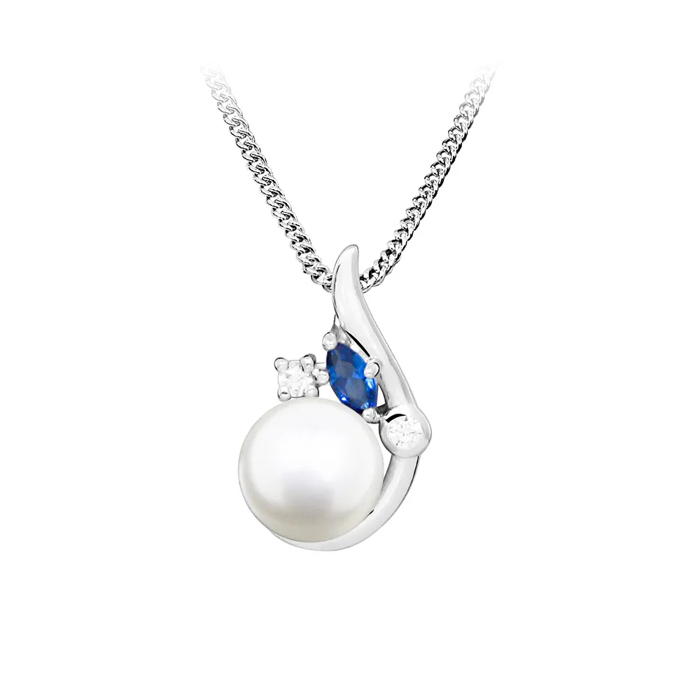 Pendant with White Pearl, Created Blue Sapphire and Cubic Zirconia in Sterling Silver with Chain