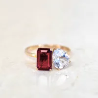 Toi et Moi Ring with Garnet and White Topaz in 14kt Yellow Gold