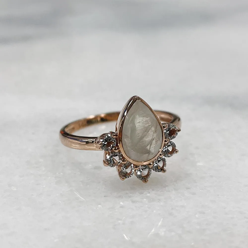 Ring with 10X6MM Pear Shape Moonstone and White Topaz in 14kt Rose Gold