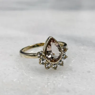 Ring with 10X6MM Pear Shape Morganite and White Topaz in 14kt Yellow Gold