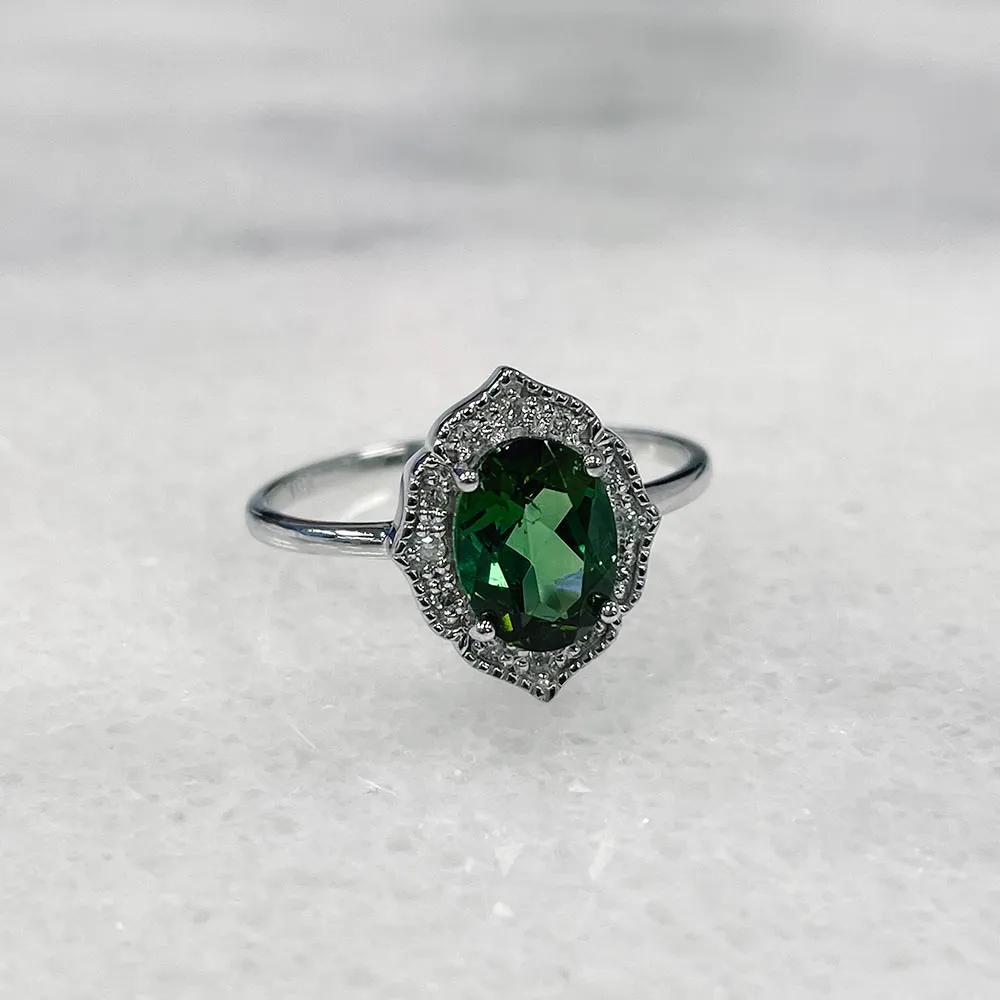 Ring with 8X6MM Oval Green Tourmaline and .08 Carat TW of Diamonds 10kt White Gold