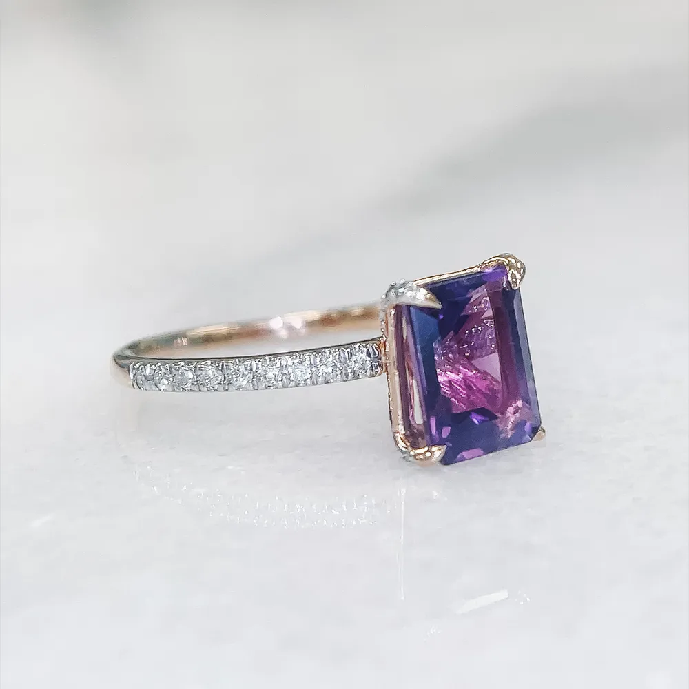 Ring with 8X6MM Emerald Cut Amethyst and .20 Carat TW of Diamonds in 14kt Rose Gold