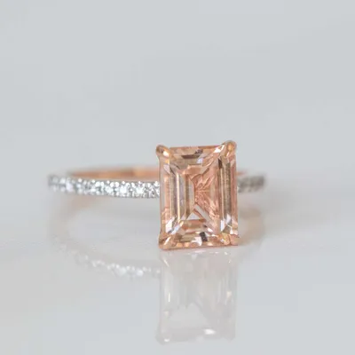 Ring with 8X6MM Emerald Cut Morganite and .20 Carat TW of Diamonds in 14kt Rose Gold