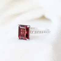 Ring with 8X6MM Emerald Cut Garnet and .20 Carat TW of Diamonds in 14kt White Gold