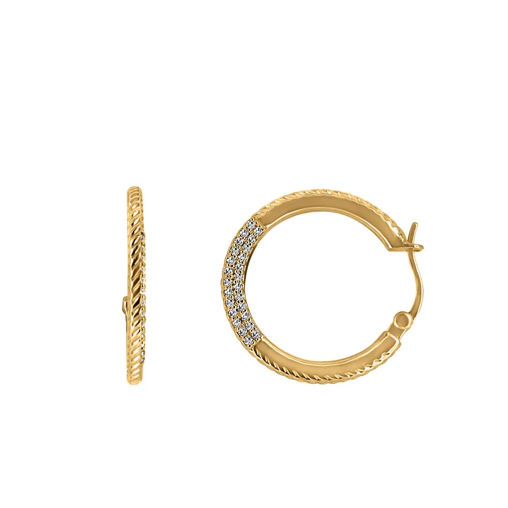 Textured Hoop Earrings with Cubic Zirconia Gold Plated Sterling Silver