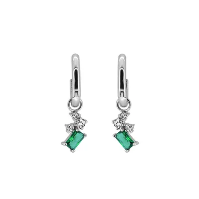 Hoop Earrings with Created Emerald and Cubic Zirconia Sterling Silver