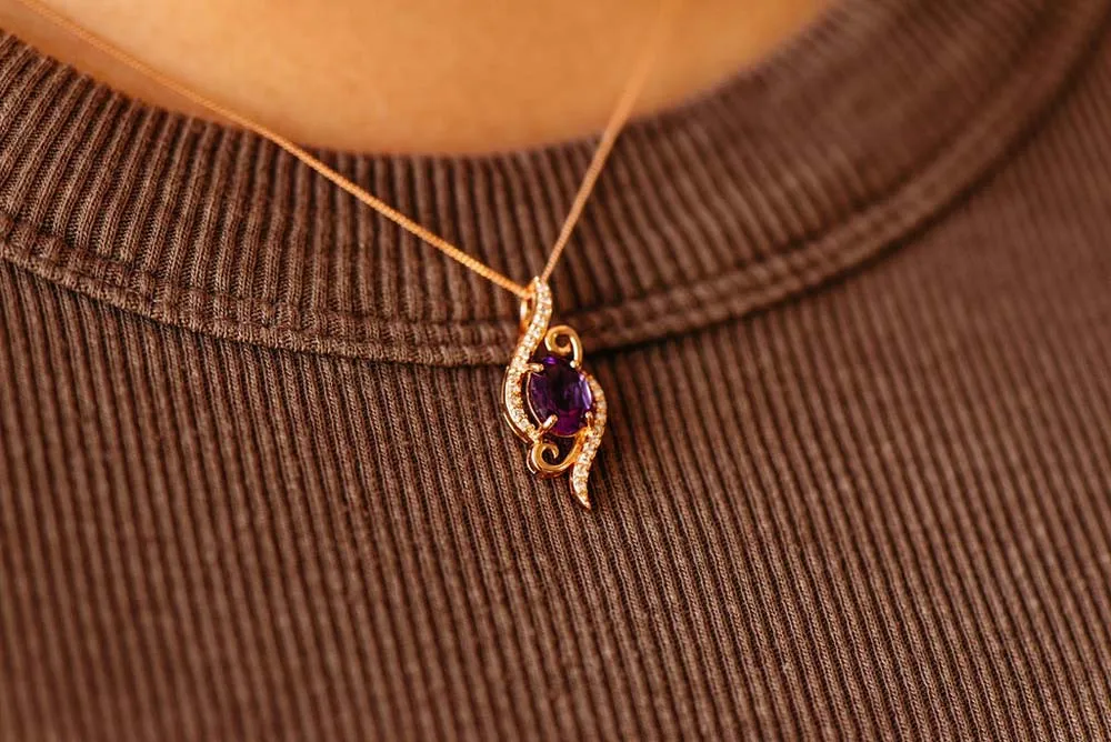 Pendant with Oval Pink Amethyst and .12 Carat TW of Diamonds in 10kt Rose Gold with Chain