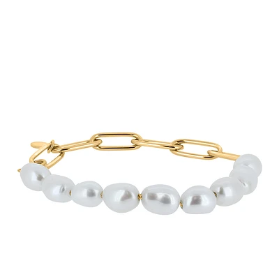 8.5″ Asian Heritage Paper Clip Bracelet with Freshwater Pearl in Gold Vermeil Sterling Silver