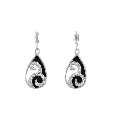 Earrings with Cubic Zirconia and Black Enamel Sterling Silver