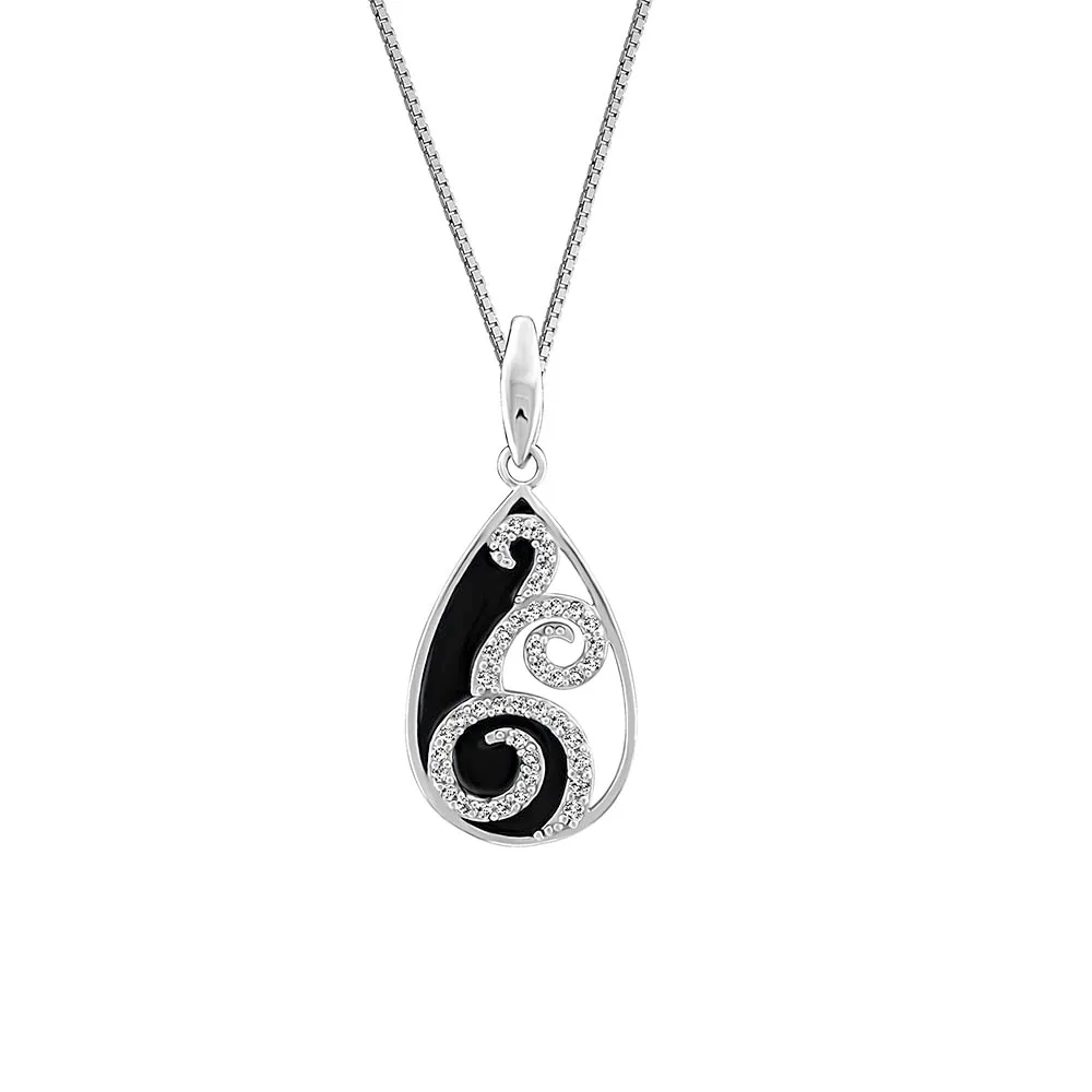 Pendant with Cubic Zirconia and Black Enamel in Sterling Silver with Chain