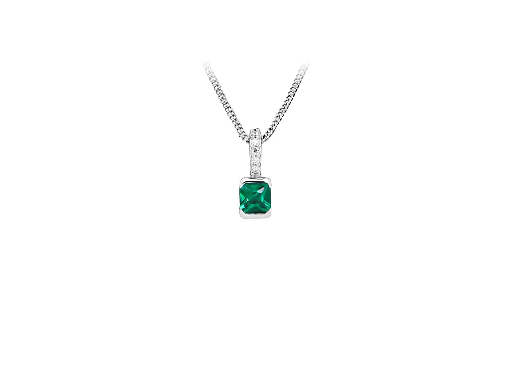 Pendant with Created Emerald and Cubic Zirconia Sterling Silver Chain