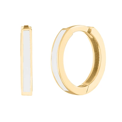 Huggies Hoop Earrings with White Enamel in 10kt Yellow Gold