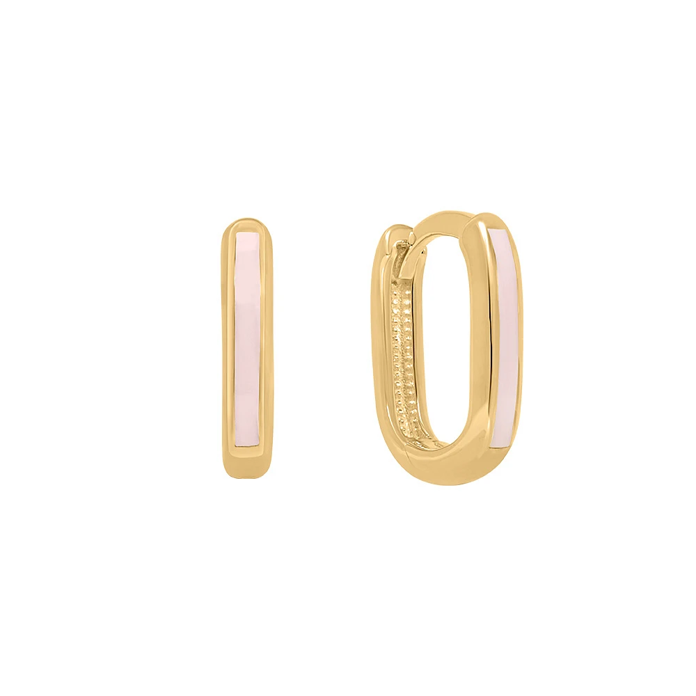 Rectangle Huggies Hoop Earrings with Pink Enamel in 10kt Yellow Gold