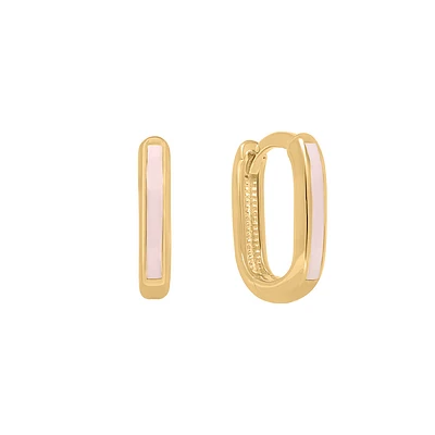 Rectangle Huggies Hoop Earrings with Pink Enamel in 10kt Yellow Gold