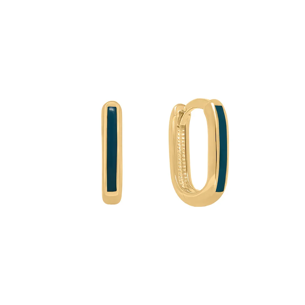 Rectangle Huggies Hoop Earrings with Turquoise Enamel 10kt Yellow Gold