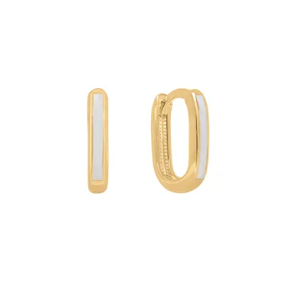 Rectangle Huggies Hoop Earrings with White Enamel in 10kt Yellow Gold