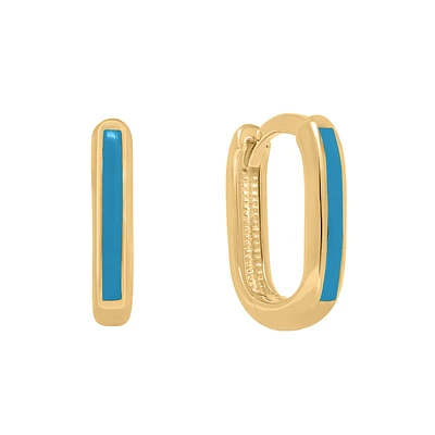 Rectangle Huggies Hoop Earrings with Turquoise Enamel in 10kt Yellow Gold