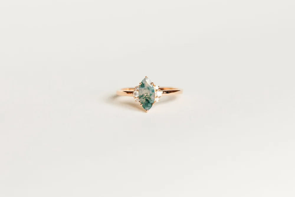 Ring with 9X5MM Marquise Moss Agate and .10 Carat TW of Diamonds in 14kt Rose Gold