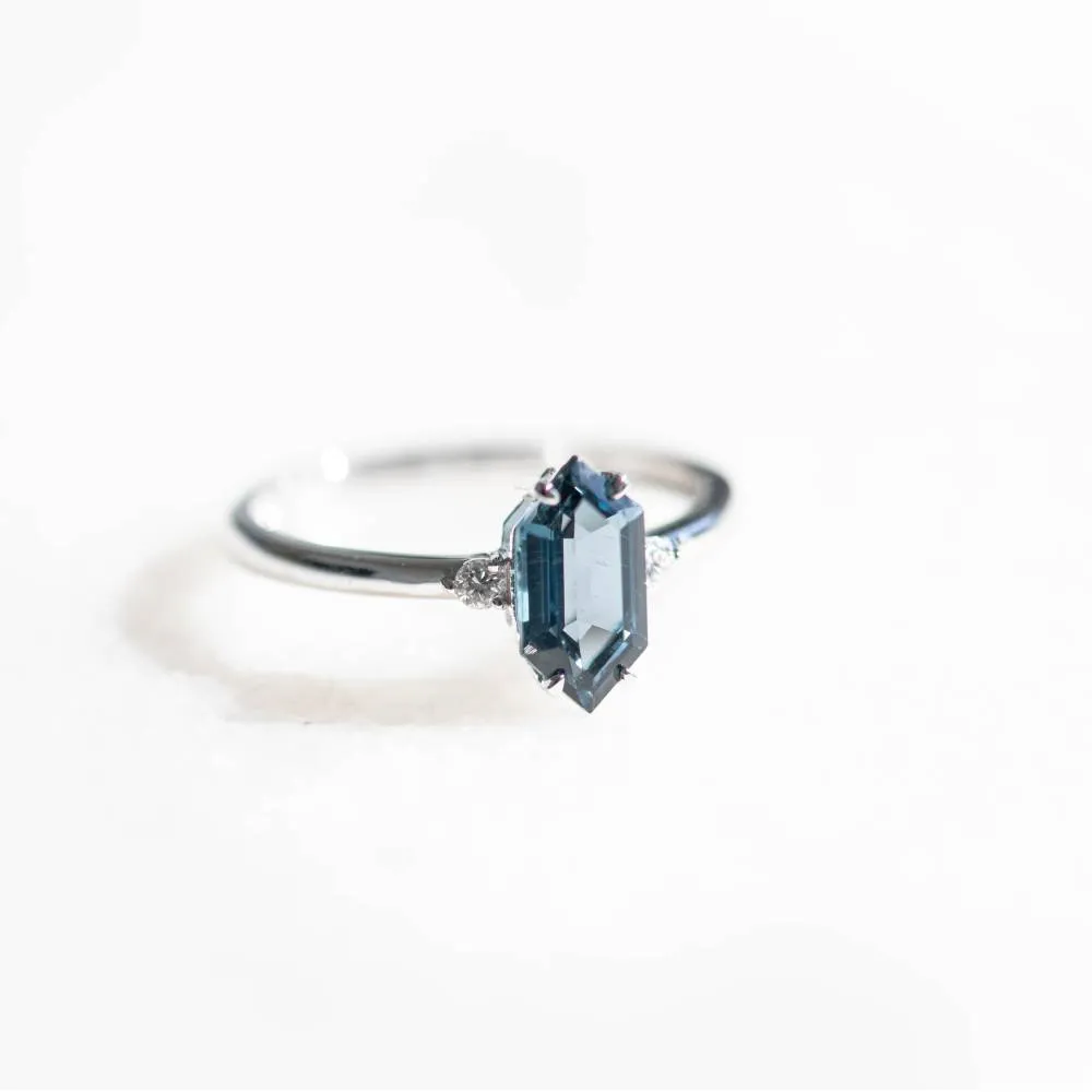 Ring with 10X5MM Hexagon London Blue Topaz and .06 Carat TW of Diamonds in 14kt White Gold