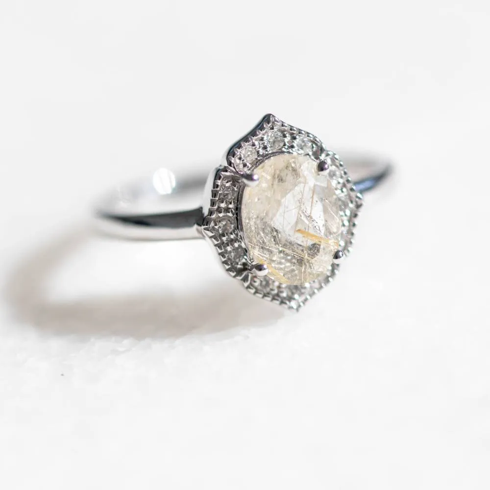 Ring with 8X6MM Oval Golden Rutilated Quartz and .08 Carat TW of Diamonds in 10kt White Gold