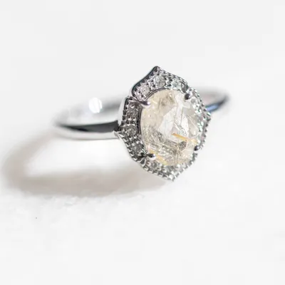 Ring with 8X6MM Oval Golden Rutilated Quartz and .08 Carat TW of Diamonds in 10kt White Gold