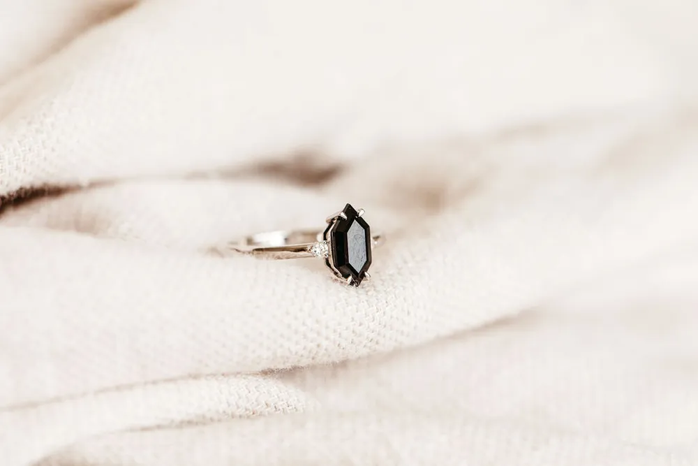 Ring with 9X5MM Hexagon Black Onyx and .05 Carat TW of Diamonds in 14kt White Gold