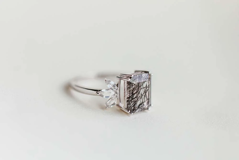 Ring with 10X8MM Emerald Cut Rutilated Quartz and White Topaz 14kt Gold