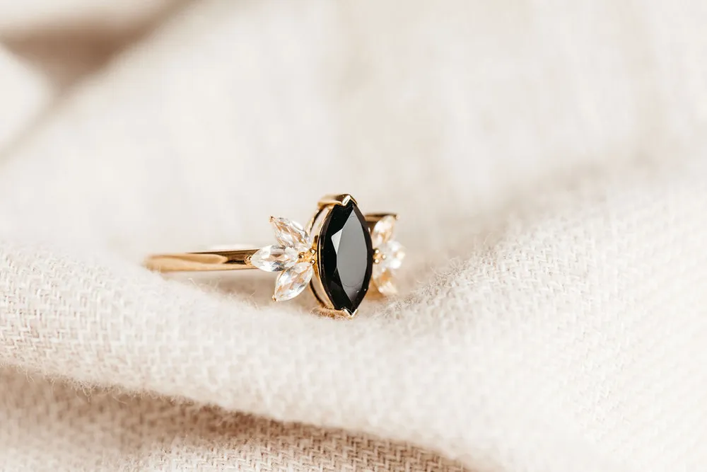 Ring with 10X5MM Marquise Black Onyx and White Topaz in 10kt Yellow Gold