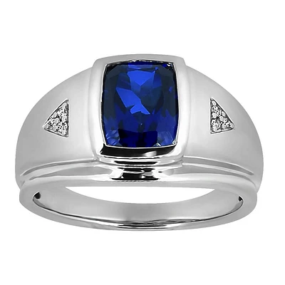 Men’s Ring with Created Blue Sapphire and .05 Carat TW of Diamonds in Sterling Silver