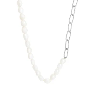 Paperclip Necklace with White Freshwater Pearl Sterling Silver