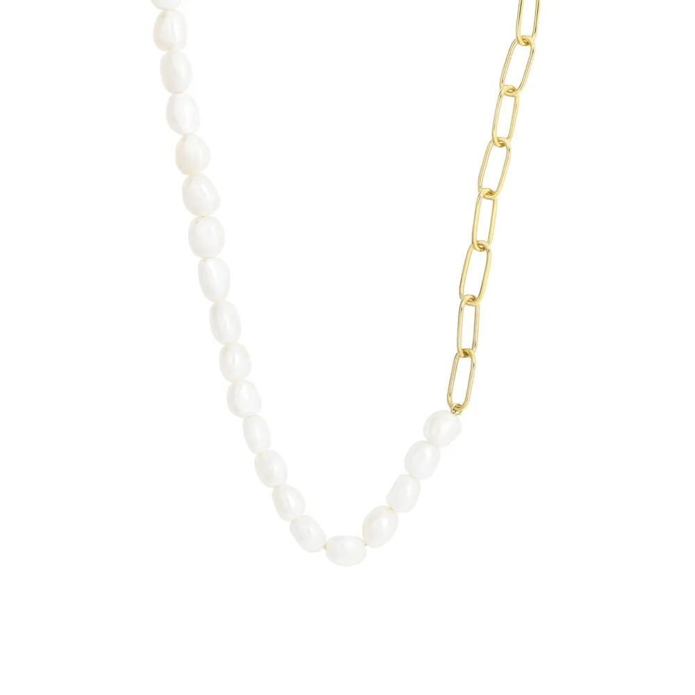 Paperclip Necklace with White Freshwater Pearl Gold Plated Sterling Silver